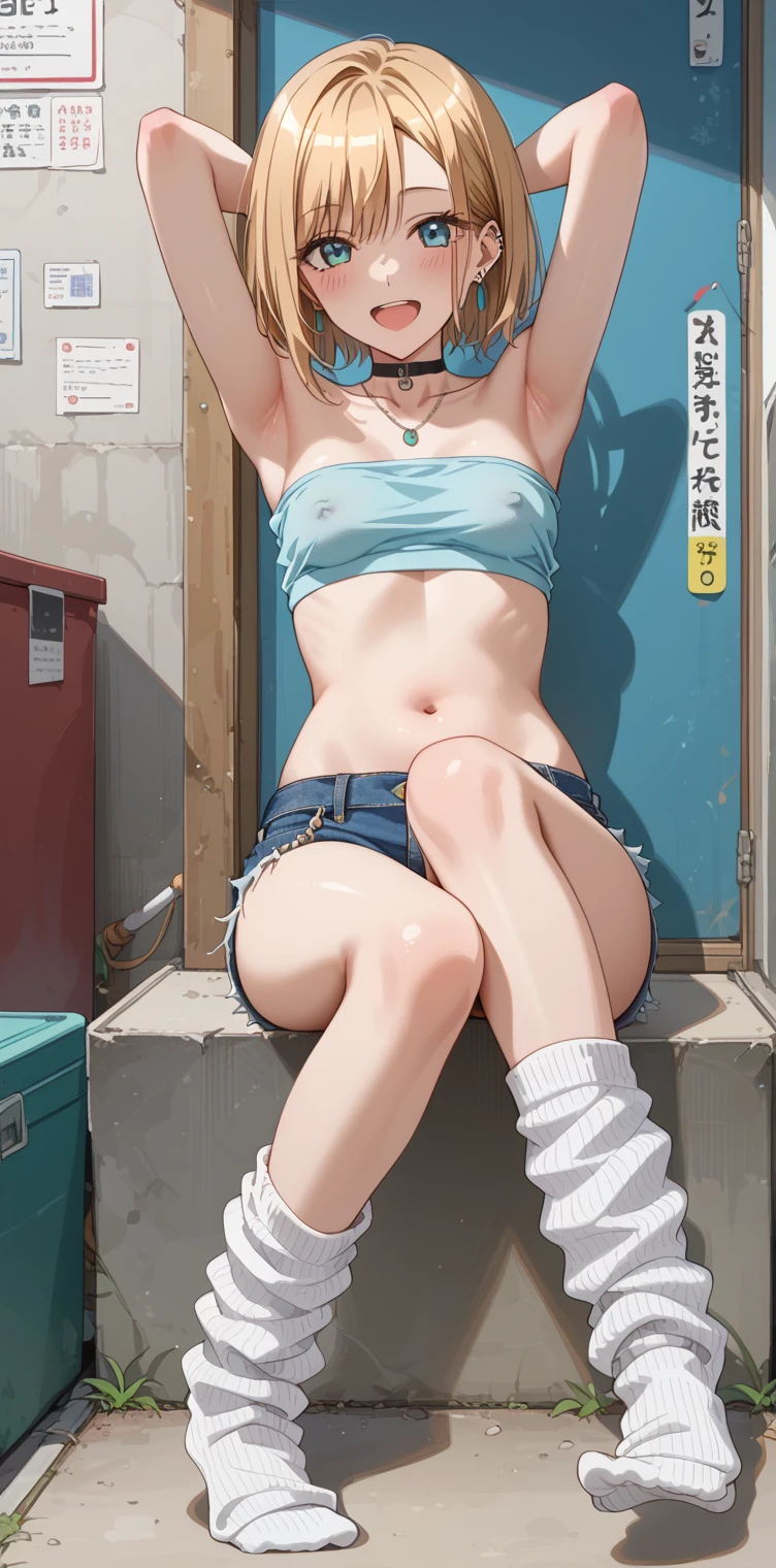 Blonde hair, blue locks, collar around the neck, open top, short denim shorts, school class, hat, smile, bare chest, naked tits, White running shoes 