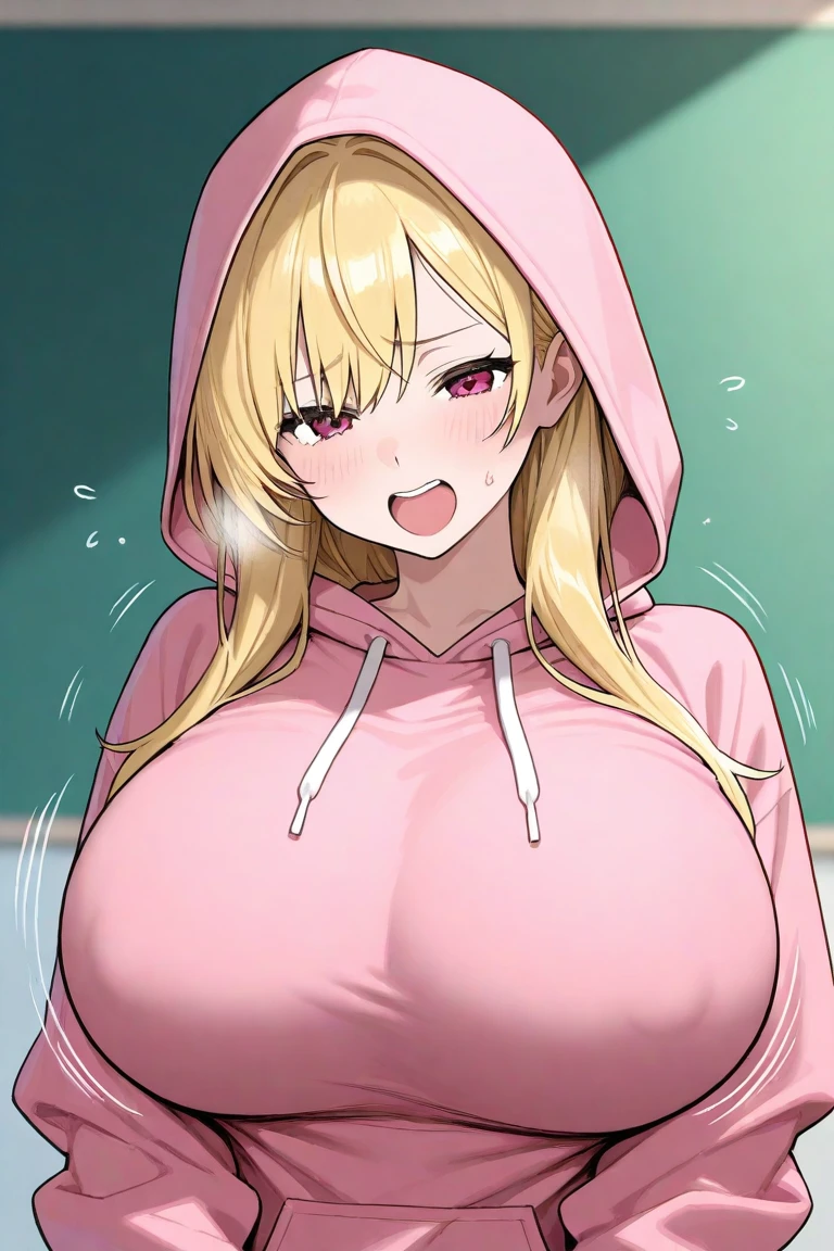 minami_fuyuki, 1girl,ahoge, solo, scarf, one eye closed, breasts, pink cardigan, jacket, cardigan, smile, purple eyes, skirt, red scarf, , blue nails, looking at viewer, open mouth, gigantic breasts, open shirts,pink bra,underboobs