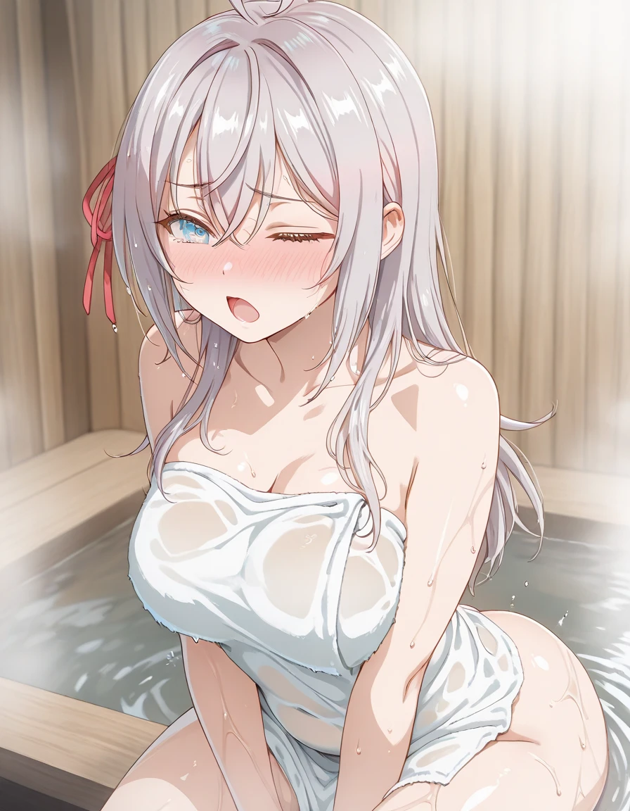 1girl, nsfw, Chloe von Einzbern, aachloe, long hair, pink hair, one side up, dark skin, orange eyes,, large breasts, nipple, , Peeing, lactation, projectile lactation, Pier, frozen, wet, , Naked, , (1girl) ,solo, ICE