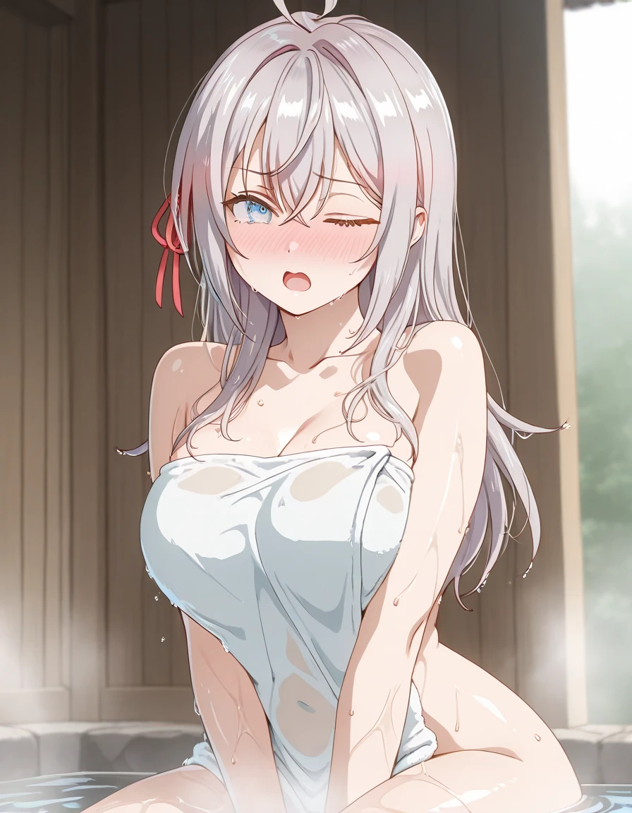 2D, HD, top-quality, Highly detailed, masterpiece, best quality, 1girl, Irisphilia, long hair, white hair, ponytail, red eyes, looking at the viewer, (large breasts), blush, navel, shiny skin, ((wet)), water, depth of field, upper body, topless, ((topless)), ((black panty)), grabbing, ((grabbing on breasts)), ((multiple men around her grabbing her breasts, grabbing on breasts)), ((girl surrounded by men)), ((Multiple hands)), ((molesting)), ((Squeeze the body, many people grabbing breasts))
