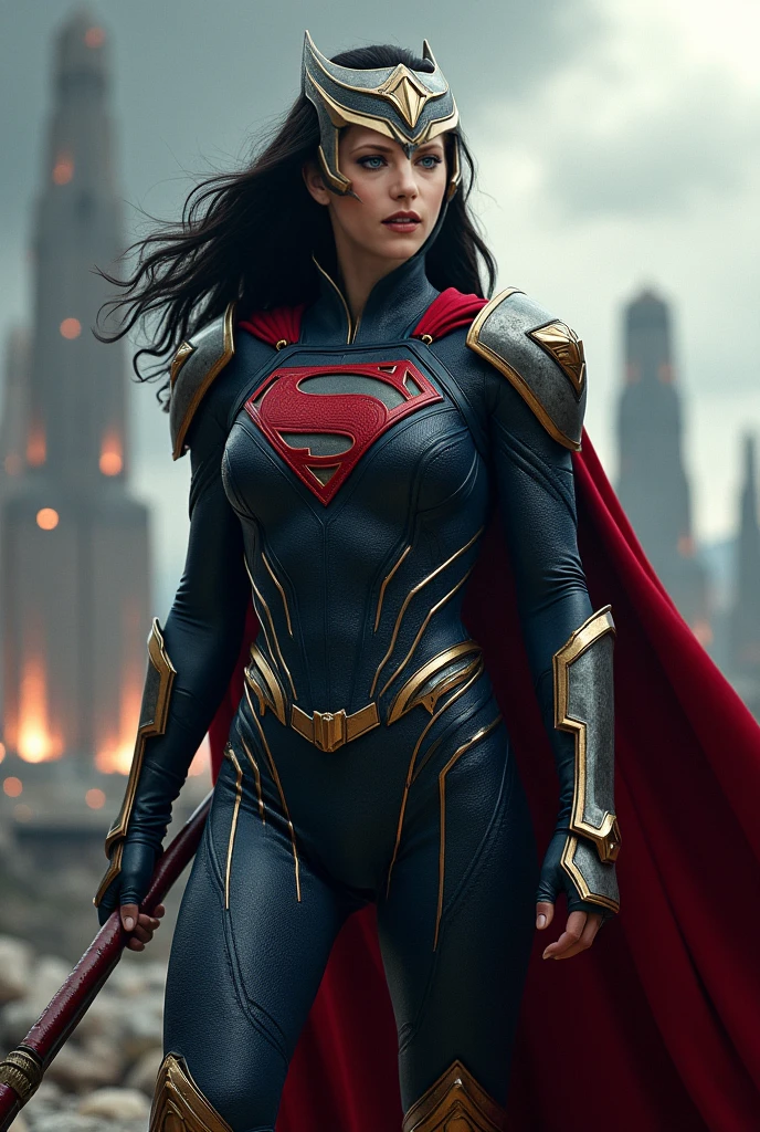 action shots of  M1lly4c0k2222 ((wearing a sexier revealing black and silver version of the evil superman suit man of steel)), large breasts, toned body, (explosions in the background a city in ruins), Style-BladeRunner2049-8v Intricate, High Detail, Sharp focus, dramatic, ((photorealistic))