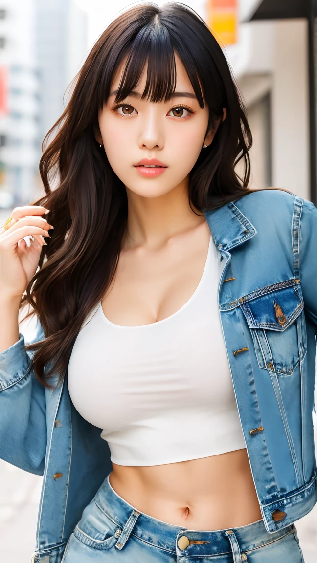 ((Best Quality, 8K, masutepiece :1.3)), Sharp Focus :1.2, A pretty woman with perfect figure :1.4, Slender Abs :1.2, ((dark brown hair, Big breasts :1.4)), (Wearing a Button up shirt, Jean :1.1), City Street:1.2, Highly detailed face and skin texture, Detailed eyes, 二重まぶた