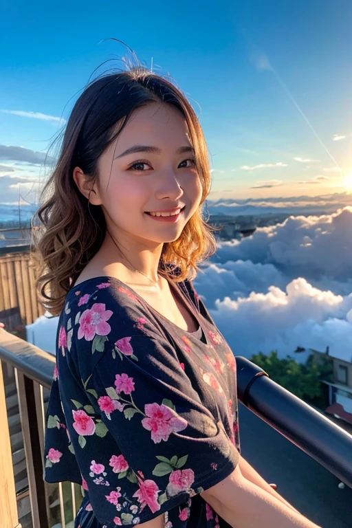 One Woman, Fisheye Lens, Selfie, Wind, Messy Hair, sunset, Cityscape, (Aesthetics and atmosphere:1.2),smile、Sweat shows through underwear、Sheer lace，I am wearing a summer lace top for women, short sleeves, stand collar, see-through，Solid Open Front Sheer Blouse、Elegant 3/4 sleeve cover up blouse ，Women&#39;s long sleeve blouse in mesh material with high collar