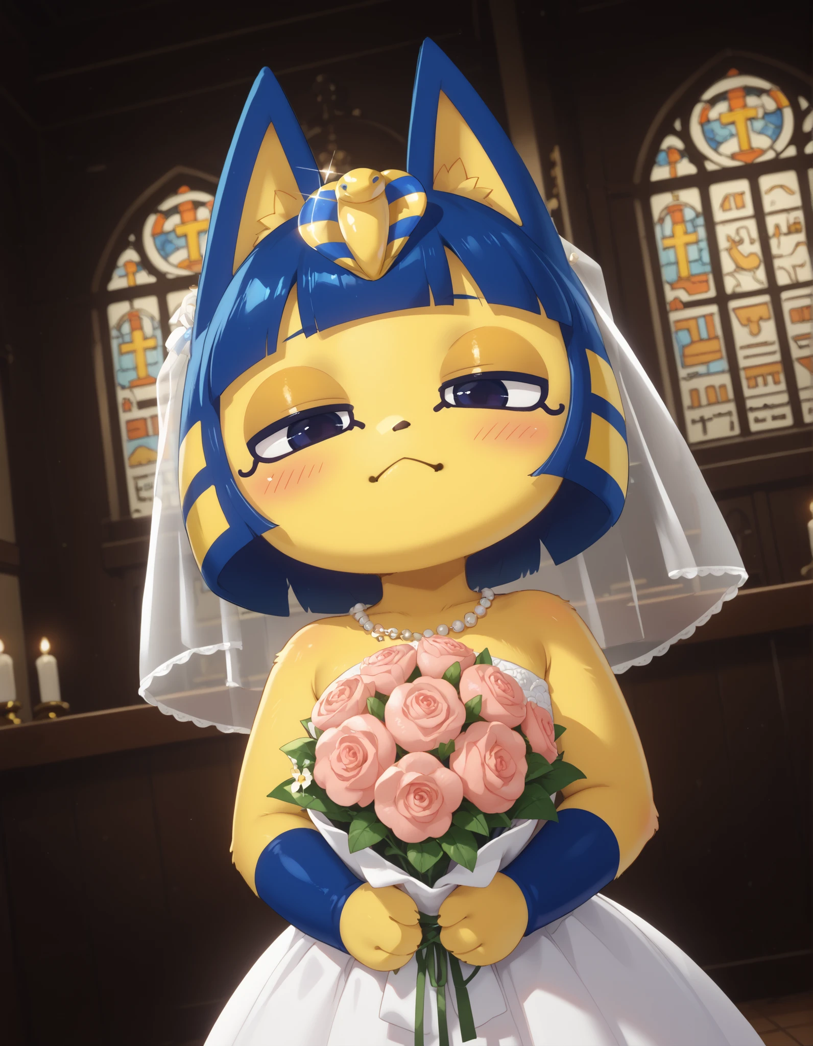 source_furry,ankha (animal crossing), close up, anthro furry,solo, front view, side view, (white wedding dress), standing, looking at viewer, head tilted, holding a bouquet of flowers, indoors, church background, half closed eyes, shy smile, blush (dynamic angle), (dutch angle)