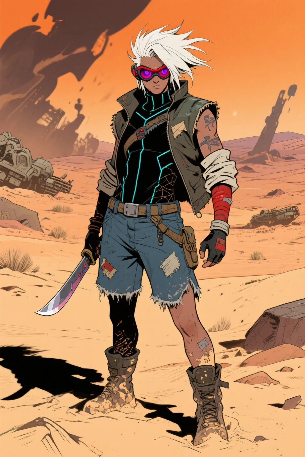 A young girl with cyberpunk aesthetics, comic style, beautiful ((whole body)) wide trousers, Waders, an arm holding a futuristic weapon, frontal, cara muy beautiful, Muted colors, Soft colors, matched tones, is walking towards the camera, powerful shocking, actual, Casual, Digital paint, digital portrait, An ultra-fine and detailed painting, moebius style, jean giraud, wet floor reflections