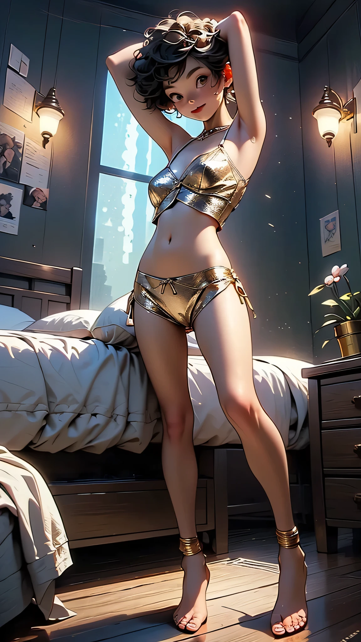 "teen emma watson in a seductive nun outfit lying on a bed. tight and intricate gold short dress. crop top. slender physique. night-time cathedral backdrop. leather shorts. cinematic lighting."
