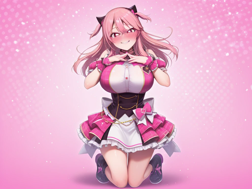 One Girl,17 years old,Pink Hair,Twin tails,Magical girl,Obscene lines,Blank look,slender,Large Breasts,sexy,open front mini skirt,Front opening bra