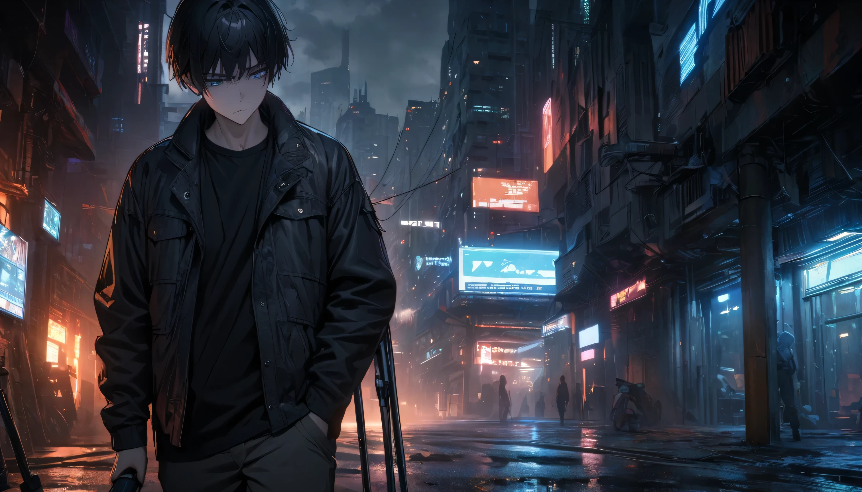 good looking, masterpiece, ultra detailed, best quality, 8K resolution, alone, solo, 1 male, short hair, Black Hair, blue eyes, casual outfit, (cowboy shot), standing on crutches, ((crutches)), looking down, gloomy face, dystopian cyberpunk style street background, night, dusk