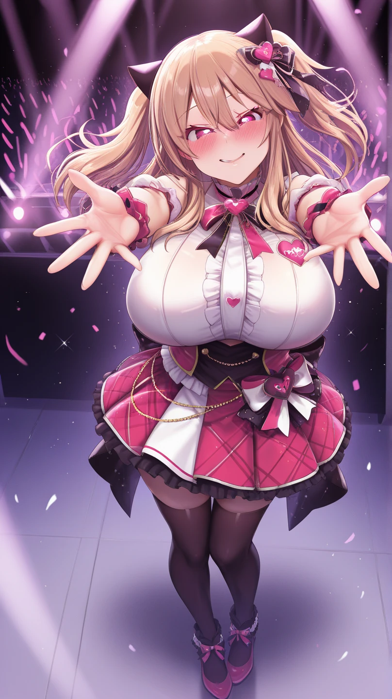 by by buta99, by chelodoy, by spikedmauler, by cervina7, solo, female, standing, looking at viewer, ((hair, snout)), smiling, lips, eyelashes, eyeliner, big breasts, tan skin, pink eyes, sexy, blonde hair, blonde hair, skinny, huge thighs, tits, kawaii, kawaii sparkles, sexy, action pose, big , women, pink Princess, sparkly background, big eyes, anime girl, pink eyes, kawaii, straight on, soft, pink background, massive butt, thick, big hips, milf, facing viewer, hearts, define, sexy, moaning , tan skin cartoon style, sexy, pink bra, freckles, big eyes, long brown hair, massive hips, white mini skirt, tan skin, pastel, pink background, brown skin, sexy, pastel background, from front, big , front, facing viewer, pink mini skirt, pink crop top, white thigh high socks, brown hair, wolf, furry
