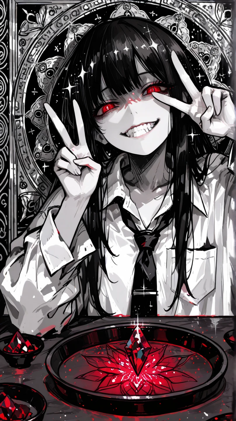 <lora:r17329_illu-000017:1>,r17329_illu,masterpiece, newest,absurdres, 1girl, solo, necktie, halo,detailed hands, long hair, v, black hair, shirt, pink blood, jacket, looking at viewer, white shirt, hair between eyes, pink eyes, collared shirt, closed mouth
