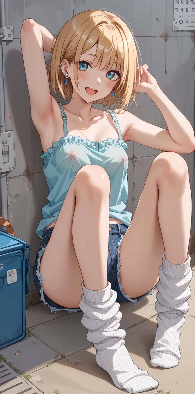 1girl,solo,full body,japanese,young,gyaru,bitch,slut,blonde hair,((white_off-shoulder_short-sleeves_top)),((micro denim skirt)),cleavage,wedgie,flip flops,squatting, (long_skinny_legs),(in front of the closed door inside train),looking at viewer,from above,cold expression,(((masterpiece))), (((((realistic))))), (((photo realistic))), (((hyper realistic))), (3D), ((best quality)), (((ultra-detailed))), (((super detailed skin))), Oiled_skin / Glistening_skin / High_contrast / Perfect_lighting / etc., shiny skin, "dark skin", "tanned skin", E235, train interior ,((peeing)),flashing chest