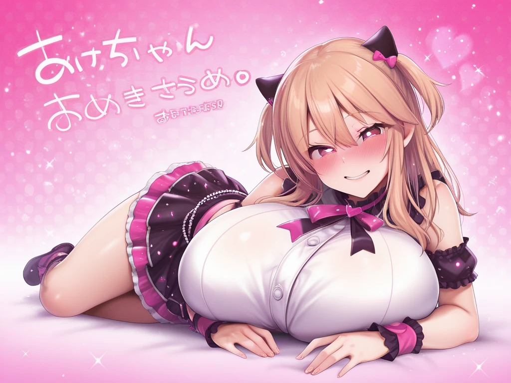 (((((1girl))))), (((((anime)))), (pink hair), (extremely long hair), (curly hair), (ahoge), (blunt bangs), ((((((dark skin)))))), (huge breasts), ((brown eyes)), (half-closed eyes), (cleavage), (thick thighs), (((thick lips))), (((wide hips))), (thighhighs), ((lace)), ((long eyelashes)), ((best quality)), highres, UHD, textured skin, (((evil smile))), ((grin)), ((smug)), full of lights, Real Human, ((bear ears)), ((sexy pose)), ((high angle)), ((perfect body)), ((perfect anatomy)),