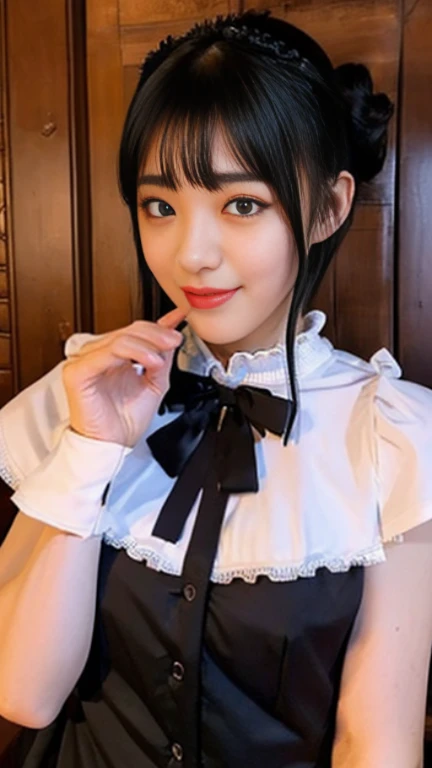 1 Nogizaka Musume、very cute、beautiful girl、19 years old、(gothic fashion)、beautiful face, Exquisite details of eyes and skin、fine black shiny hair、Classy ruffles、frilled tie、ribbon tie、rose hair accessories、(smile at the camera)、(cowboy shot)、(sea of europe)、professional lighting、break、(realistic、Photoreal:1.37)、8K、(masterpiece)、(highest quality:1.4)、(Super high resolution:1.2)、 (Raw photo:1.2)、(delicate lace、soft fabric、beautiful rose pattern dress)、perfect anatomy、4 fingers and 1 thumb、seaside background、(Wallpaper by Unity 8K)