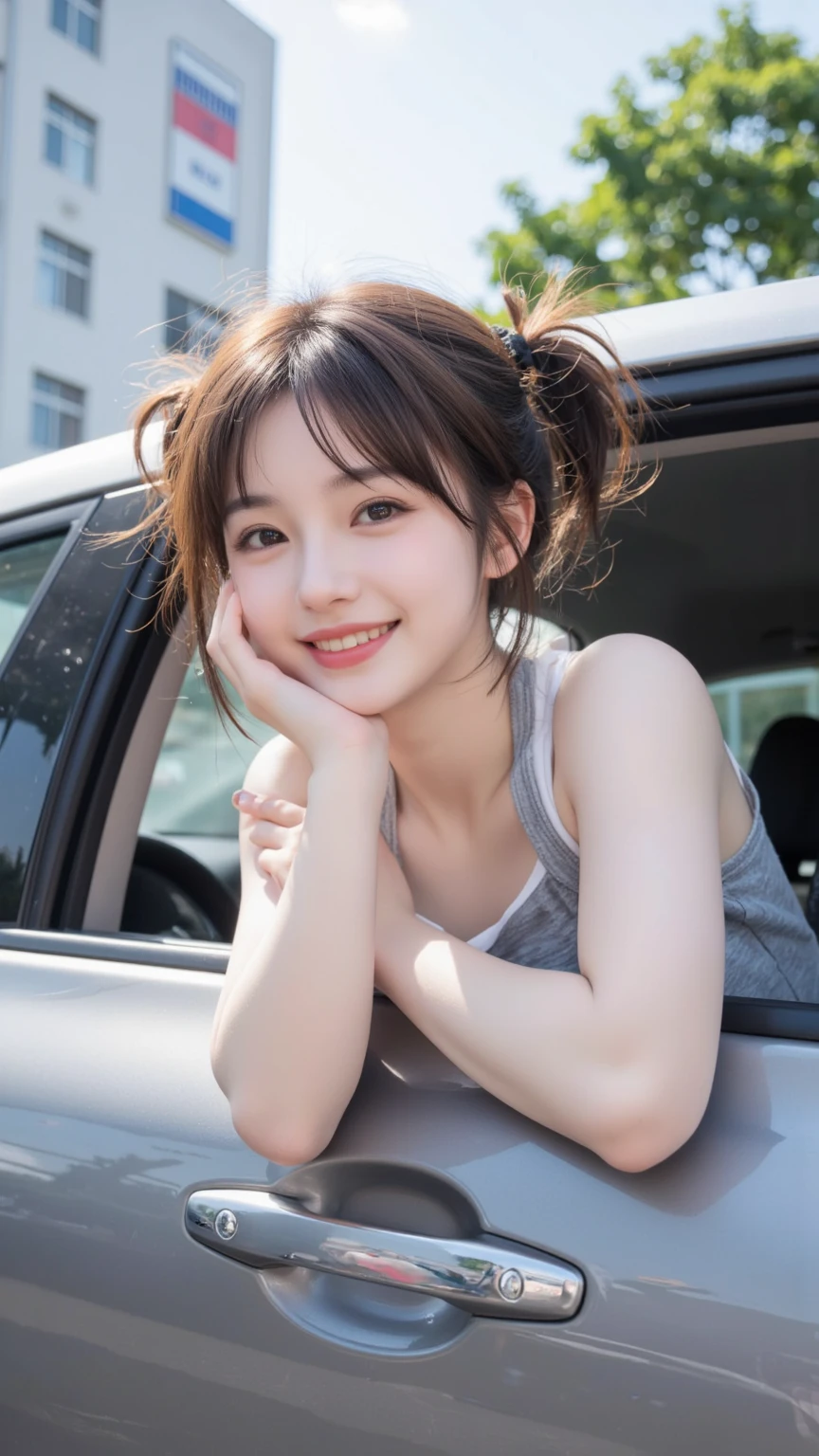 1girl, woman, 25 years old woman, girl in summer clothes, beautiful, medium breasts, flirtatious look, ((very detailed)), (perfectly detailed face), (well detailed hand), photorealistic image, high res, 1girl, woman, ((tanktop jersey:1.78)), looking at viewer:1.8, (1girl eyes looking at viewer:1.55), camisole, Upper body, Plain costumes, Simple Background, Emphasis on the chest, Hands behind the body, White outfit, photorealistic, (bokeh), best quality, 8k, UHD, UHD
