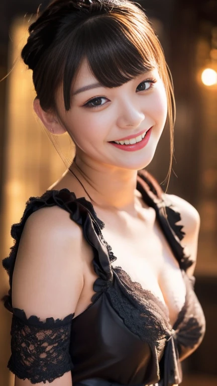 (UHD, retina, masterpiece, accurate, anatomically correct, textured skin, super detail, high details, high quality, best quality, high res, 1080P, HD, 4K, 8k, 16k), (beautiful detailed eyes, beautiful detailed lips, extremely detailed eyes and face), soft lighting, physically-based rendering, vivid colors, (large breasts, glamorous body), (royal blue, lace dress, mini dress), (portrait, shiny hair, shiny skin, blush), (bokeh), eye reflection, (smile and laugh:1.5),