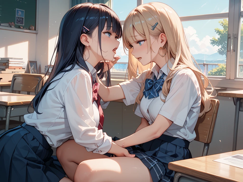 score_9, score_8_up, score_7_up, source_anime, rating_questionable, BREAK 2girls, yuri, kissing, school uniform, very long hair, afternoon lighting, indoor, cute <lora:salad_style_pony6_v1:1>