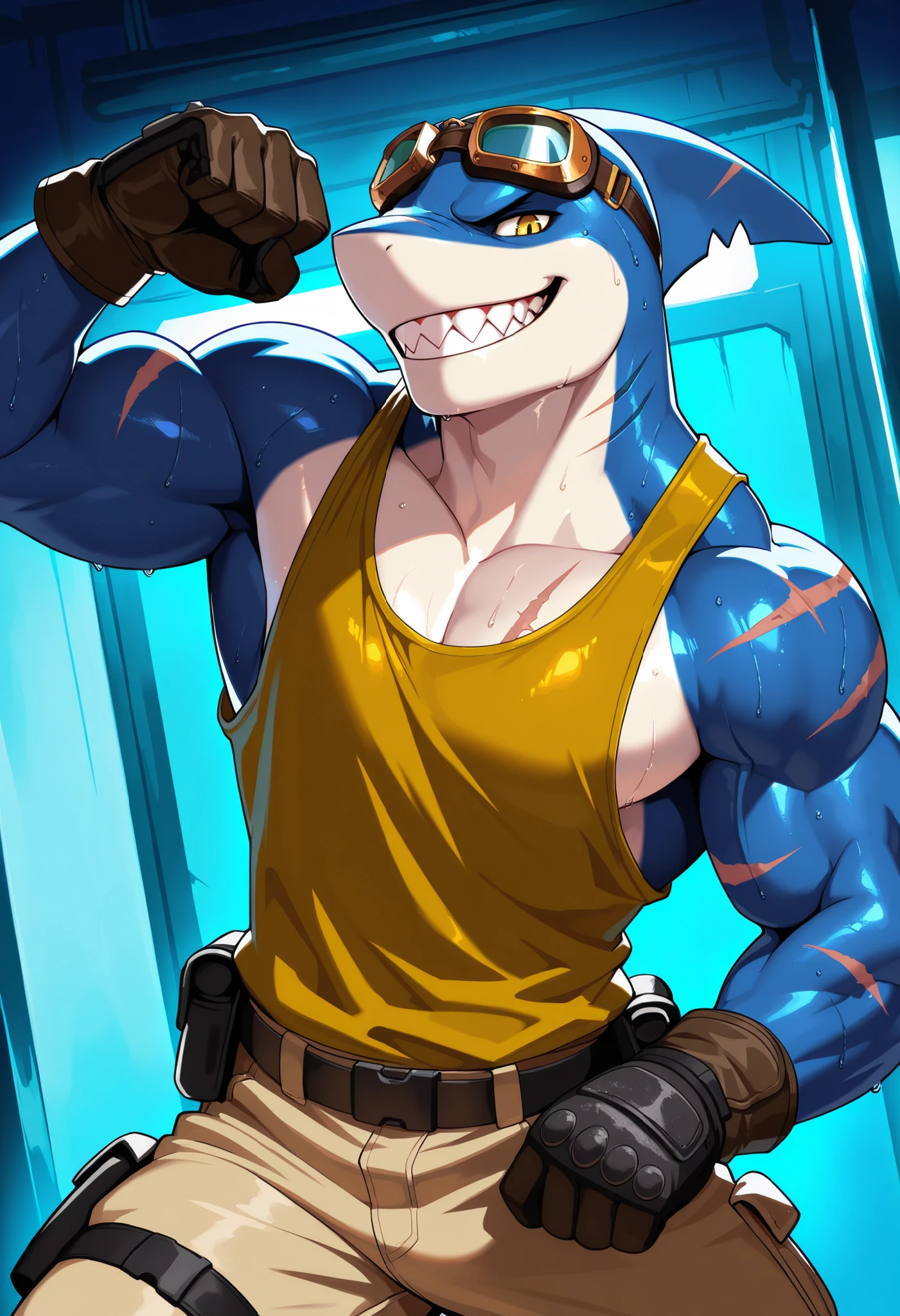 muscular shark, Sunglasses, white shirt with straps