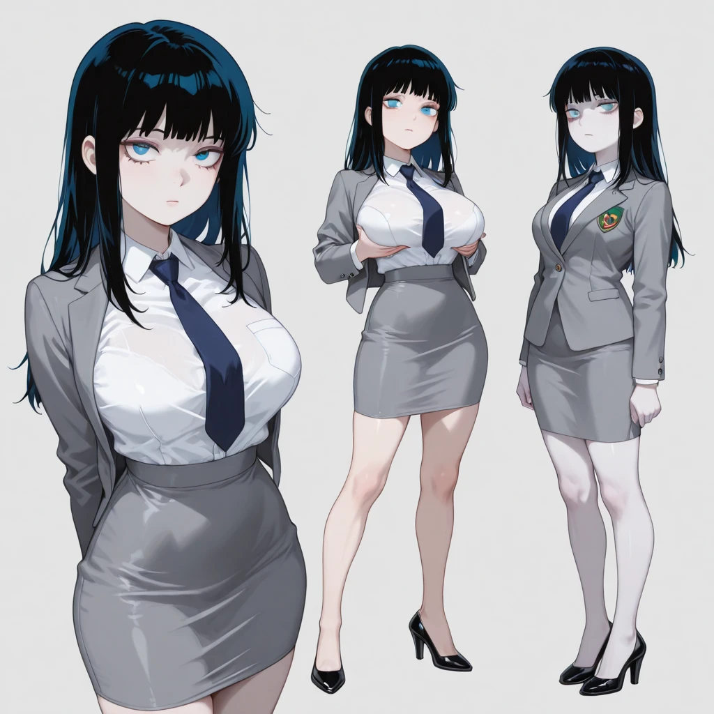 Black long-haired beauty with cleavage, suit, shirt, panties and tights