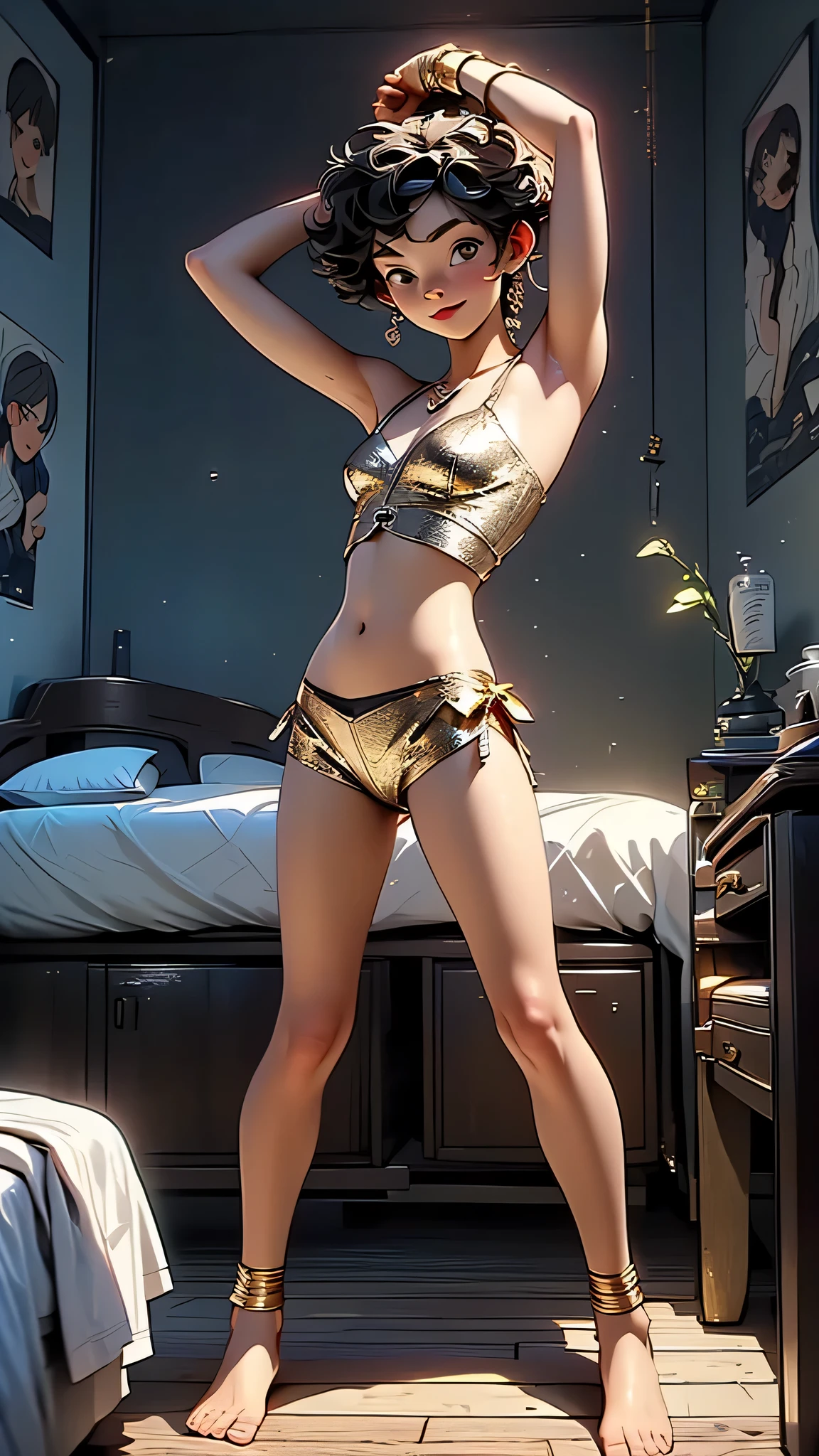 Marie Rose(((1girl))), (blonde hair), Breasts(((very small))), body((child)), hair((Wavy, Black)), Eyes((Smart Eyes, Black)), Clothes(((very pale black lace micro bikini))), Accessories((hair clips)), Twin ponytail, Depiction range((from the top of the head to the crotch)), (Emphasis on the crotch), Posing(Smile expression), (Lying on bed), (((M-shaped wide open legs))), (((Hide your hands completely behind your head))), Colossal, ((super flat breasted)), Korean Makeup Look, Happy, Dark room((Candle light))