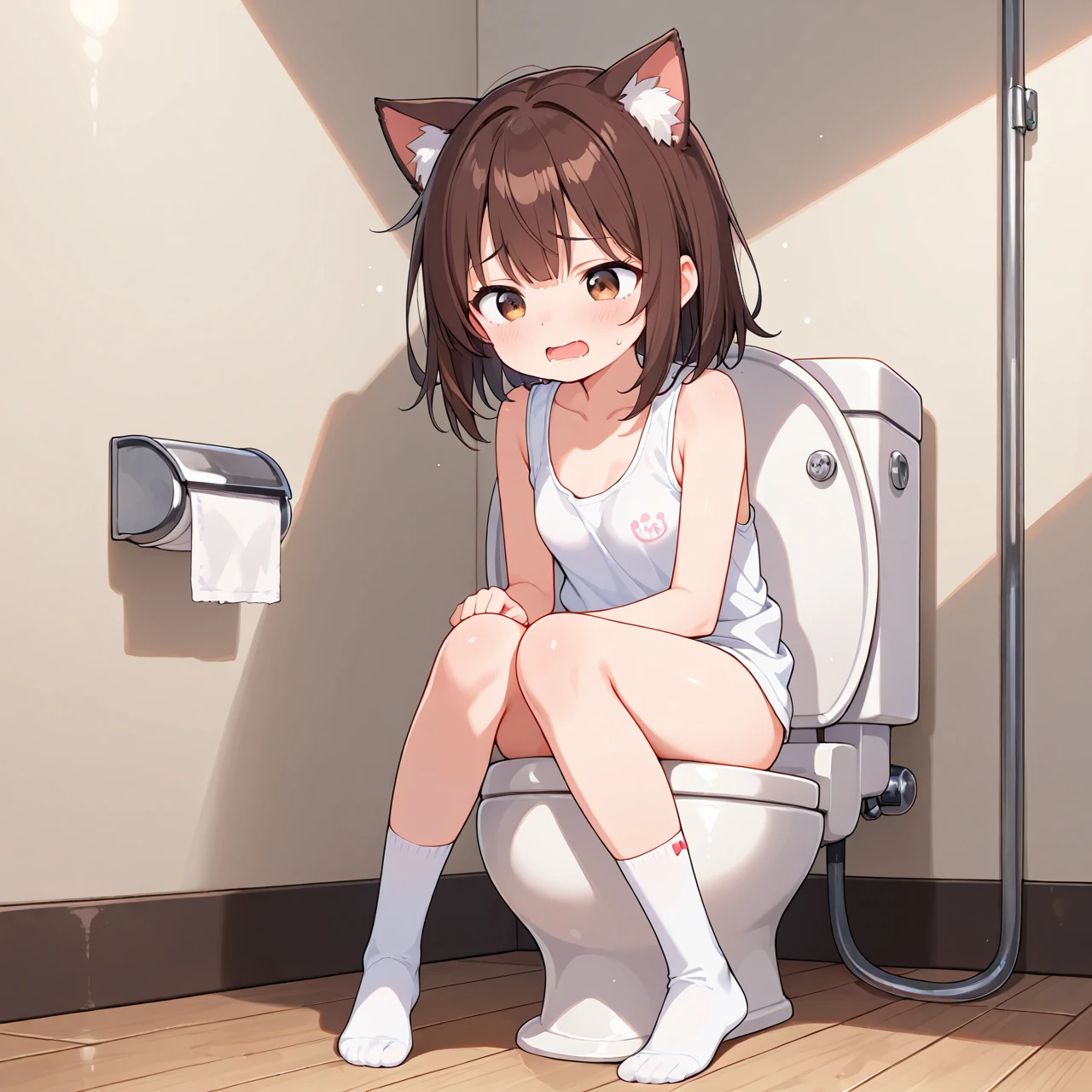 (Highly detailed CG Unity 8k wallpaper), (Best Quality), (Super Detail), (Best Illustration), (Best Shadow), POV, Realistic lighting and shading, Natural light, Lens flare effect, BREAK, 1 beautiful girl, Solo,(Cute:1.5),(Chibi:0.8), (kawaii:1.5),(Lori:0.5), BREAK,  ( (17 years old girl), Very detailed, colourfull, highest details, BREAK, (Huge breasts: 1. 2,), Clear skin, Beautiful skin, Shy skin, 1 beautiful girl, Brown hair, (Cat ears, Ponytail, medium-Long hair: 1. 2), (Light blue eyes, long eyelashes, Double eyelids: 1. 2), Solo,  gleaming skin, BREAK,(Black shorts,Pichi Pichi:1.2), (shortsleeves, Wet white t-shirt,Wet,no-bra:1.2),  (star-shaped earring:1.1), (Lace headband:1.0), (Cute Accessories:1.3), (get angry,Puff out cheeks:1.1), (crouching down,Slouched:1.3), Touch your chest with both hands, (Angle from above,Emphasizes cleavage:1.1), BREAK, (Caregiver:1.2),(Facilities for the elderly,Entrance to the bathroom,Day Service,in a house:1.5),(Multiple male elderly people undressed)
