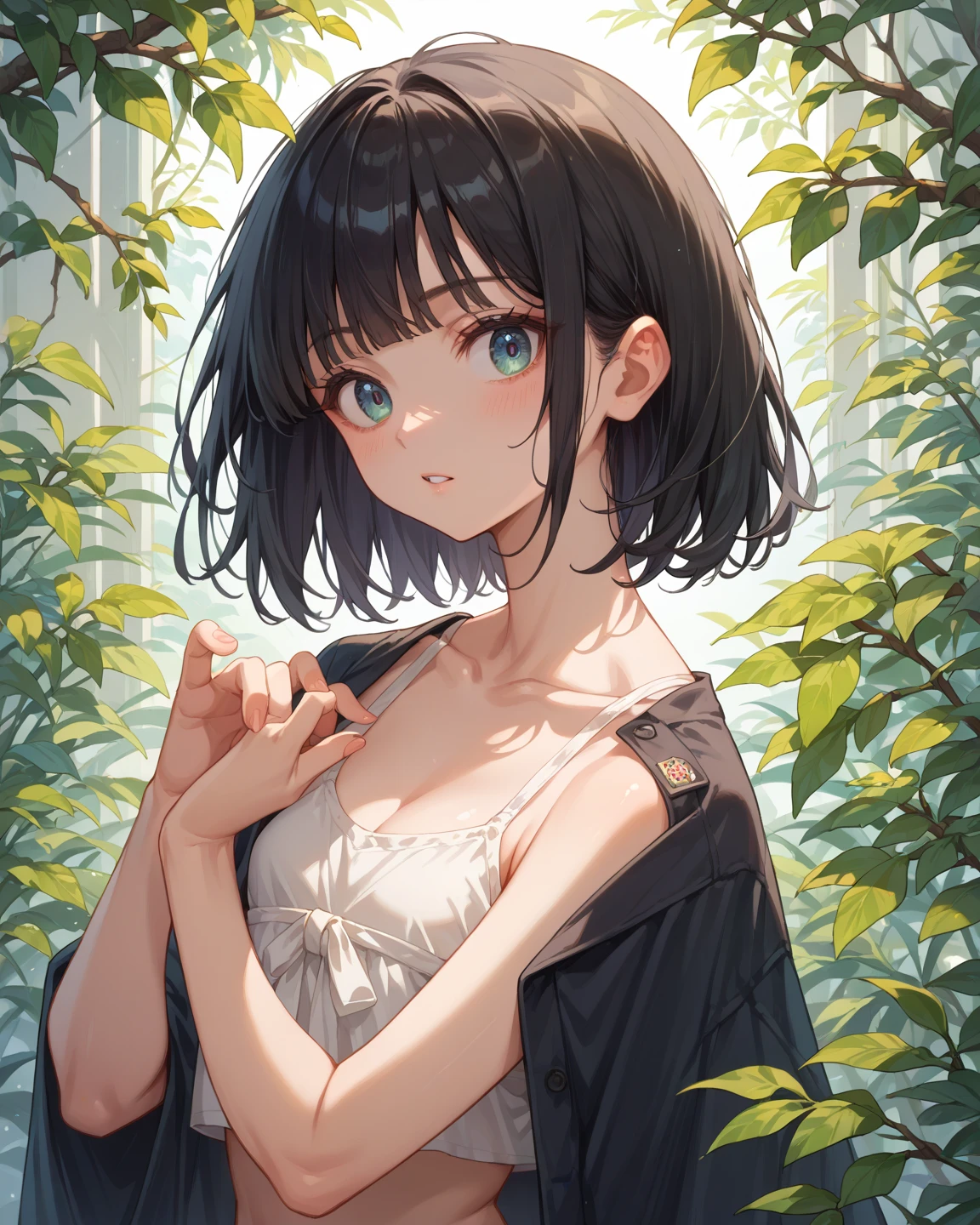 One 14-year-old girl, ((Black summer clothes))、(Inner color hairstyle), Beautiful Hair, Facial Contour, Remember, garden, sunlight、splash, Lens flare,, Natural Color, High resolution, Very delicate, Very detailed, 8k,(There is swelling of the breasts、About B cup)、Shyness,((Sexual))