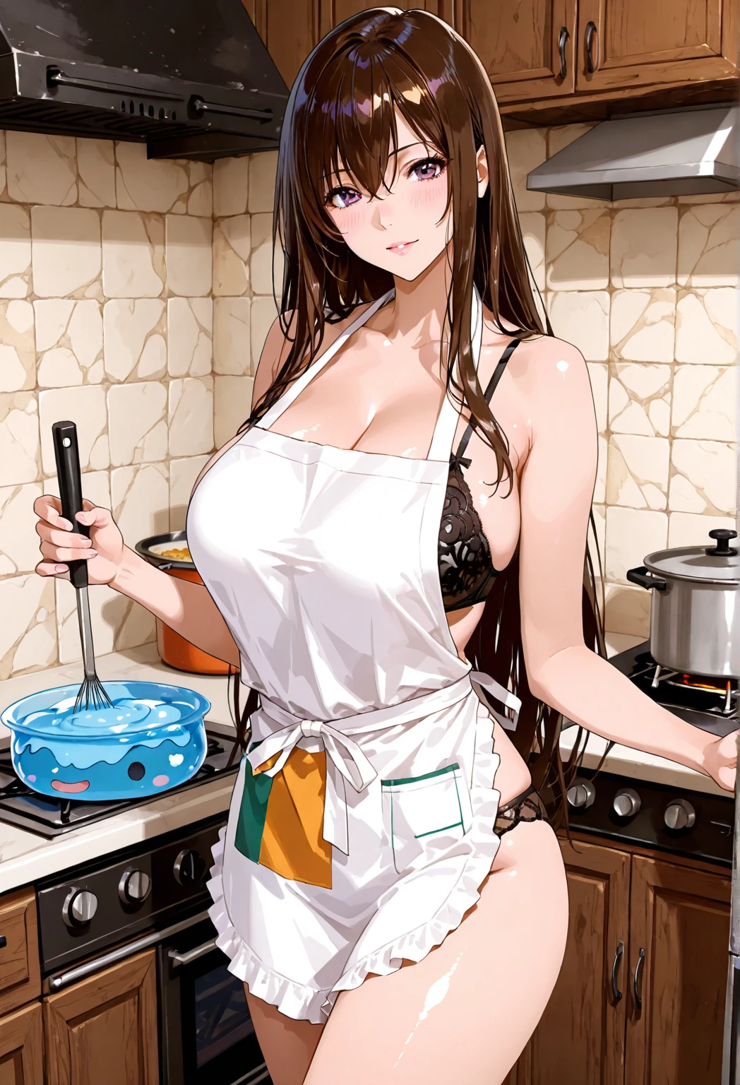 1girl, solo, hair ornament, (naked:1.3), (white apron), large breasts, cleavage, thighs, kitchen background, (blushing:1.3), naga, brown hair, ponytail, golden eyes, dark skin, gal, naga, lewd, she is wet and in sourcream, cream over the face, 