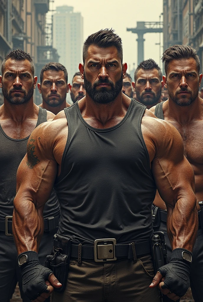 Two policemen muscle thief without a coat, Open bulletproof vest!wear leather shorts!! handsome, muscle, chest hair, gay art, Finnish Tom style, film texture, blurred background, close-up of the protagonist Tie it with a rope! Handcuffs! Only wear leather shorts!! Open bulletproof vest