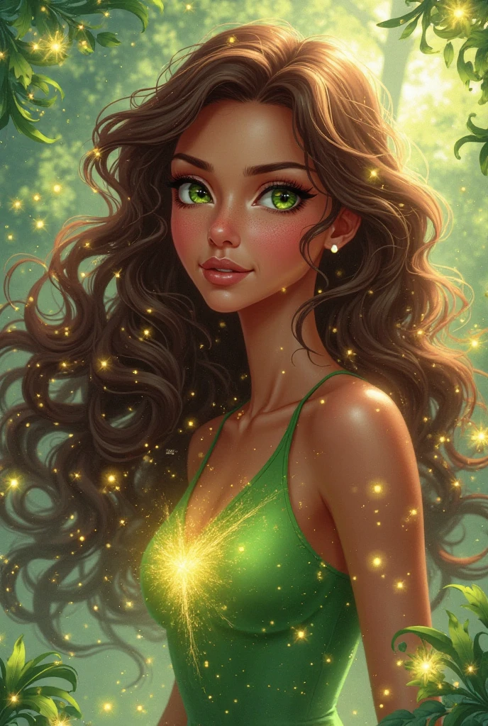 Beautiful woman, beautiful smile, brown skin, green eyes, voluminous lips, sweet, realistic, curly hair, modelling --auto --s2