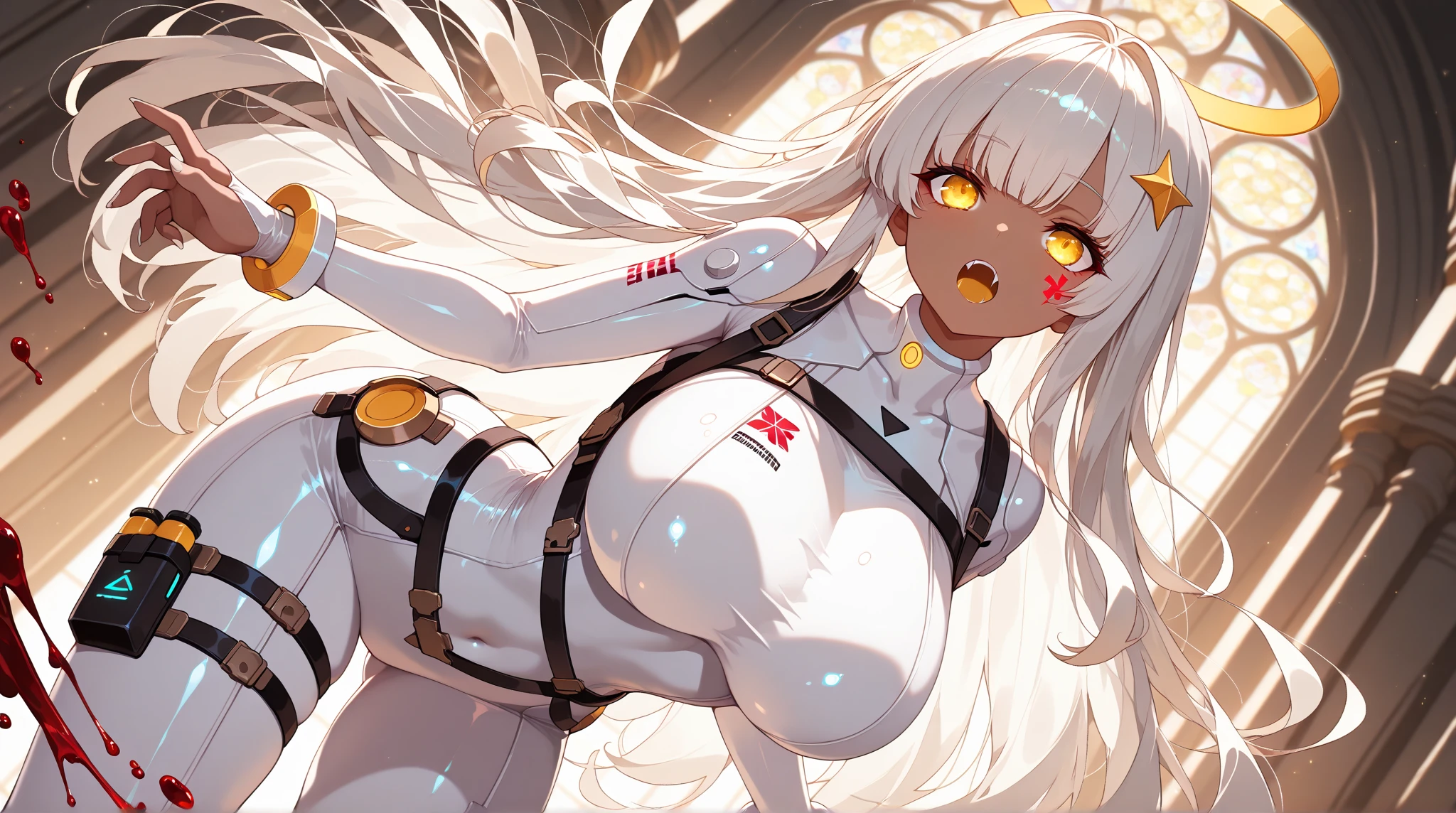 1girl, dark skin, dark-skinned female, white hair, long hair, wavy hair, bodysuit, white bodysuit, black pantyhose, pantyhose, large breasts, thick thighs, hourglass figure, neon lights, futuristic, tech, science-fiction, yellow eyes, smile, toned, long sleeves