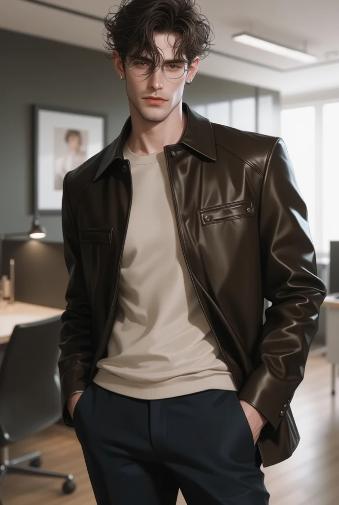 1boy, 16~20 years old, male focus, muscular male, nsfw, 3D, realistic, indoor, normal hue, central, golden ratio, sitting on the leather couch, sharp-featured body, tall, burly, highres, slender build, perfect anatomy, skin texture, thick dark buzzcut hair, see-through bangs, shallow eyebrow, symmetrical eyebrow, large bright eyes, symmetrical eyes, square gold-rimmed glasses, big straight nose, closed mouth, double-edged polearm, broad shoulders, noble attire, bdominal stretch, tight-fitting, leather collar, stand-up collared shirt, necktie, waistcoat, open thick dark leather jacket, six-pack abs, leather gloves, black trousers, leather belt, spreading long thin legs, <lora:OnlyCocks_v1.0:0.5>, large erect penis over 10 inches length and 3 inches width, erection, large scrotum with testicles, masturbation, high-heeled leather boots, soft smile, handsome, powerful, from front, looking ahead at viewer, day, masterpiece, best quality, hyper-detailed, intricate detail, professional photography, matte, bright, the most beautiful ever seen, post processing, dreamatic lighting, ambient lighting, epic composition, ultrawide shot, uplight, raytracing reflections, depth of field, gorgeous background <lora:ikun:0.5>