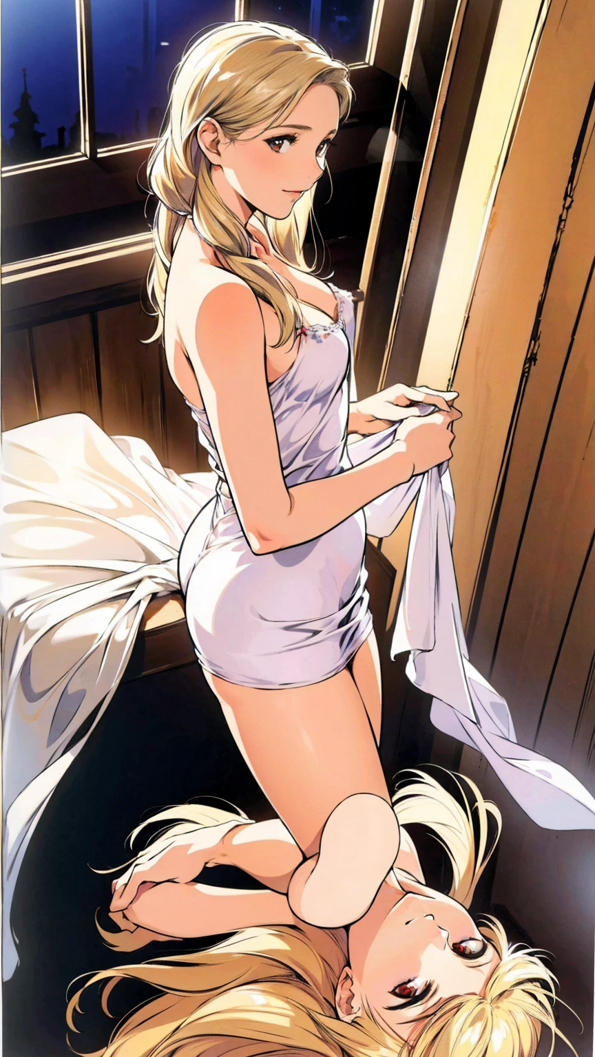 (Masterpiece), Best Quality, ultra-detailed, perfect hands(Delicate finger expression), perfect legs, Delicate eye expression, delicate face expression,1girl(ryune, Slender and sexy body, Moderate and pretty breasts, naked body),blank face, closed mouth(wicked smile), Solo, nude, pussy, cum in pussy, In front of the dark bedroom door,standing, Sexy waist teasing, nude