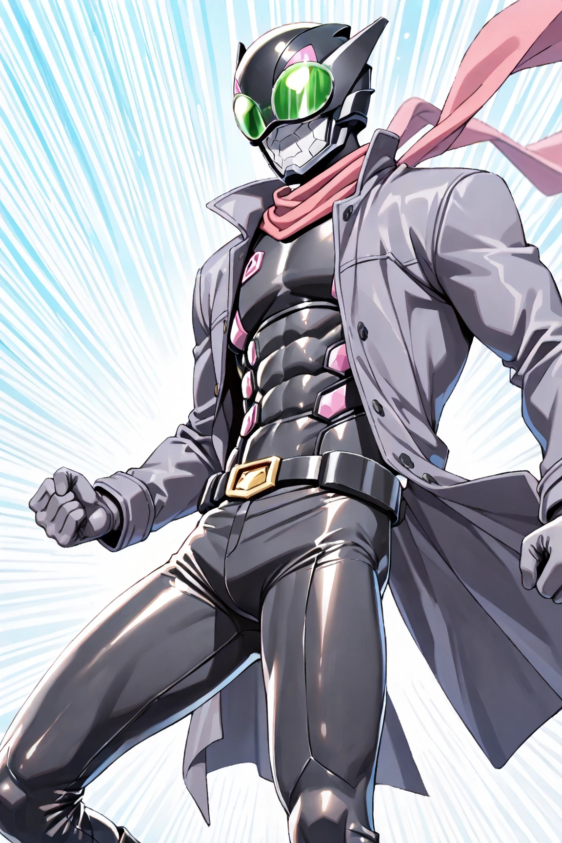 1male, Villian, Superhero, mask with evil smile, white leather outfit, with metal plating, finger guns shooting a beam of light, giant toy train,