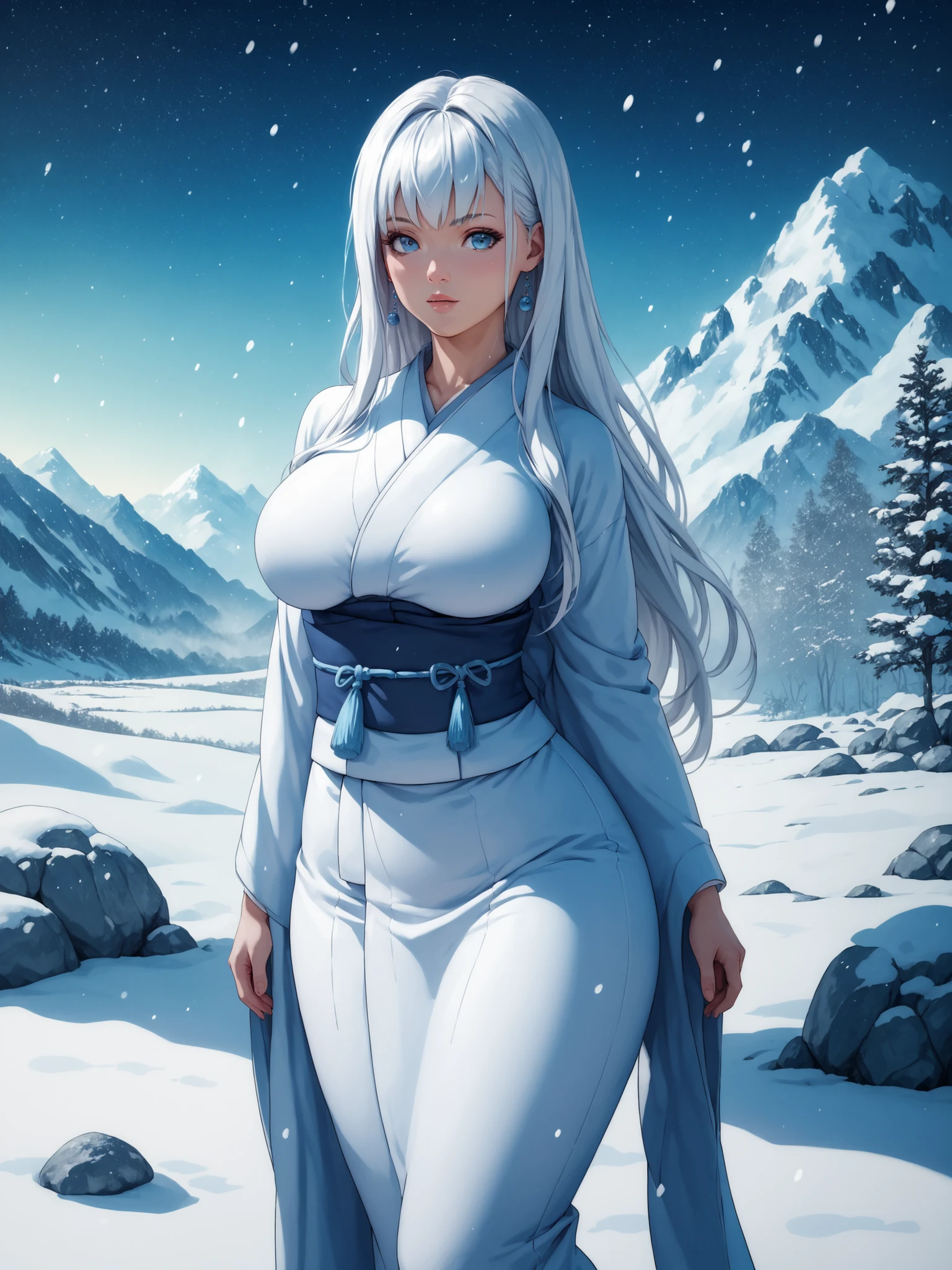 Best quality, extreme detail, anatomically correct, young woman standing alone in the snow, Hitomi Tanaka, Yuki-onna, long hair, sexy, erotic, wearing white sexy kimono with deep neckline, Japanese mountains, snow, stones, rocks, dark forest, night, snow storm, extremely large breasts, (F90), (wide hips), young woman is slim, young woman looks seductively at the viewer,