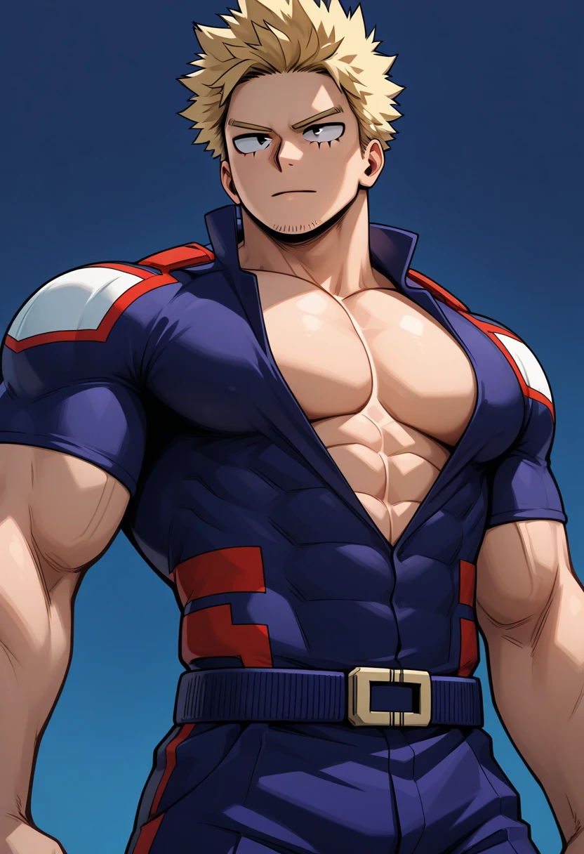 Allmight, my hero academia, from front, super fine, bodysuits, middle-aged man, hunk, looking down and mouth wide open with shocked face, crotch grab, crotch squeeze,