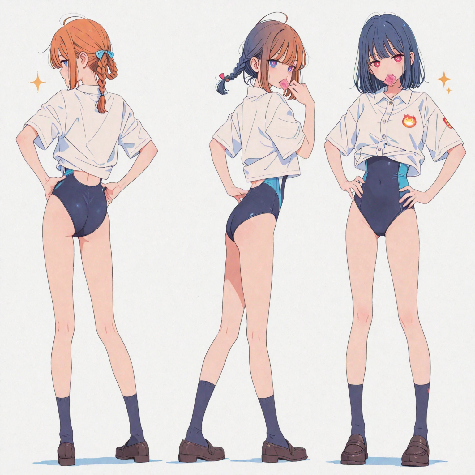 (superflat, flat shading, flat colors:1.1),(manga, comic, 4-panel manga, advertisement, text:1.1), (multiple girls), illustrations, loli, petite, school uniform, (white panties), bottom, from behind, smile, volumetric lighting, soft light, bright, colorful, watercolor