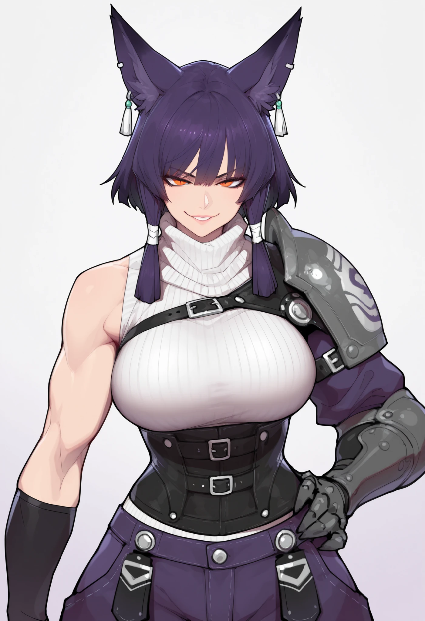 gorgeous kitsune girl, beautiful face, kitsune, hair of ash-purple color, beautiful woman, orange eyes, slit pupils, volputrous body, toned woman, curvy and athletic, fox ears, short hair, white ribbed sleeveless sweater, leather underbust, chest belt, buggy pants, single pauldron, single vambrace, single gauntlet, black hands, sly smile, attractive proportions, defined athletic arms and legs, athletic lanky body, fox ears, calm dominant expression, hair tubes, half-closed eyes, large breasts, tall, huntress, BREAK, masterpiece, ultra detailed, high quality, ultra definition, simple white background
