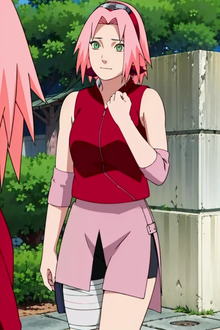 spread legs, ((pussy, bottomless, naked)). High quality, ultra detailed, realistic artwork of a "Sakura Shippuden" scene with vivid colors, perfect for 4K or 8K resolutions. The scene depicts Sakura Haruno., a young woman, She is naked. Her leg is bandaged, indicating a recent injury. 
Sakura has shoulder-length bangs that gently frame her face, revealing her beautiful, green eyes. Her face is adorned with a forehead protector, which bears the symbol of Konohagakure, signifying her loyalty to her people. The artwork shows Sakura's attention to detail, including her long eyelashes, detailed lips, and delicate features, capturing her determination and inner strength.

The lighting of the scene is soft and warm, casting a soft glow on the petals of the sakura flowers. The vibrant colors of the cherry blossom contrast against Sakura's black short sleeves and gloves, adding depth to the composition. The overall color scheme leans towards pastel tones, enhancing the serene and tranquil ambience of the bedroom.