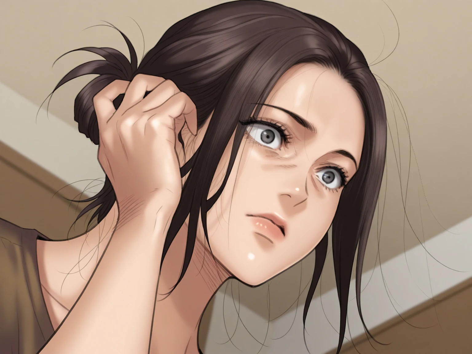Cute, mature women,Sexy,chubby cheek,sexy,realistic skin,realistic breast,huge saggy breast, nipple out,muted colours,pale white skin,black hair, long hair, (hair over one eye:1.4), Messy hair,hair between eyes ,low pony tail,sleepy eyes ,pucker lips,smeared lipstick,pubic hair pussy,dense pubic hair, cute shy blush on