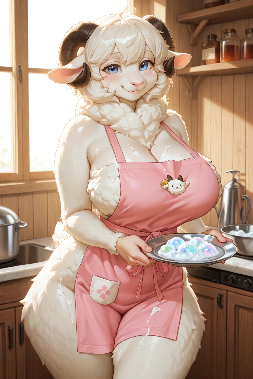 Toriel, huge tits, thin waist, big thighs, big nipples marked on the fabric, wide neckline, contour of areola and large nipples, long nipples, embarrassed expression, blush ,in the kitchen, cookie tray, milk