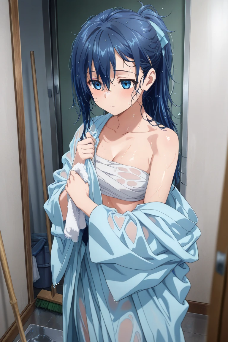 (Masterpiece, High Quality, Top quality, High-Detailed, Detailed CG, Cinematic Shadow, Cinematic Scene, Beautiful Detailed Eyes, Ultra Resolution, Depth of Field, High Resolution, Masterpiece: 1.2), (Turn Off Censorship), (Don't Censor), (Allow Suggestive Gestures), Anime Art style, Very Detailed, Dynamic Angle, Teen Style, Detailed Green Hair, Detailed Blue Eyes, Purple Eye, Slim Body, Sparkling Eyes, Sparkling Detailed Eyes, Hair Accessory, Earrings, Slightly Blunt Bangs, Looking the Audience, (Embarrassing Expression:1.2), (Towel:1.2), (White Towel), (Almost Naked), (Naked Towel), (Anime Girl Holding a Towel to cover it's body), (Only wear Towel:1.2), (Cover Body With Towel), Good Composition, Hand, weat, Thick Thighs, Small Breasts, Small Size Breasts, Blur Background, Chinese Architectures