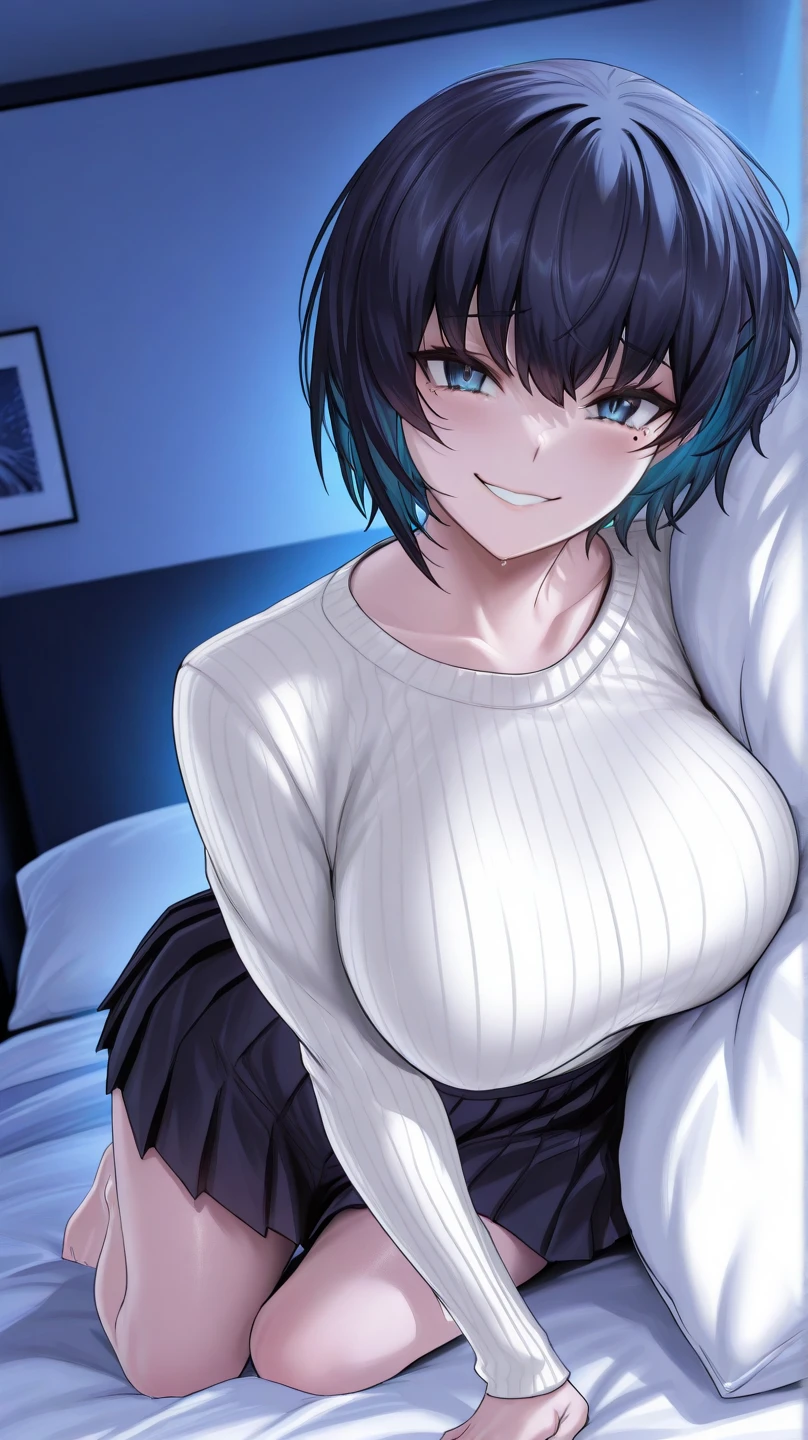nsfw,anime style,1 female,large breasts,short hair,eyes in highlight,female's mouth is open,female is arouseding,node,female is upping arms,1 boy,penis,woman on top,vaginal,sex,female straddling on boy,bedroom,female is wearing dress shirt,female is showing off nipple,from overhed,ultra detailed,