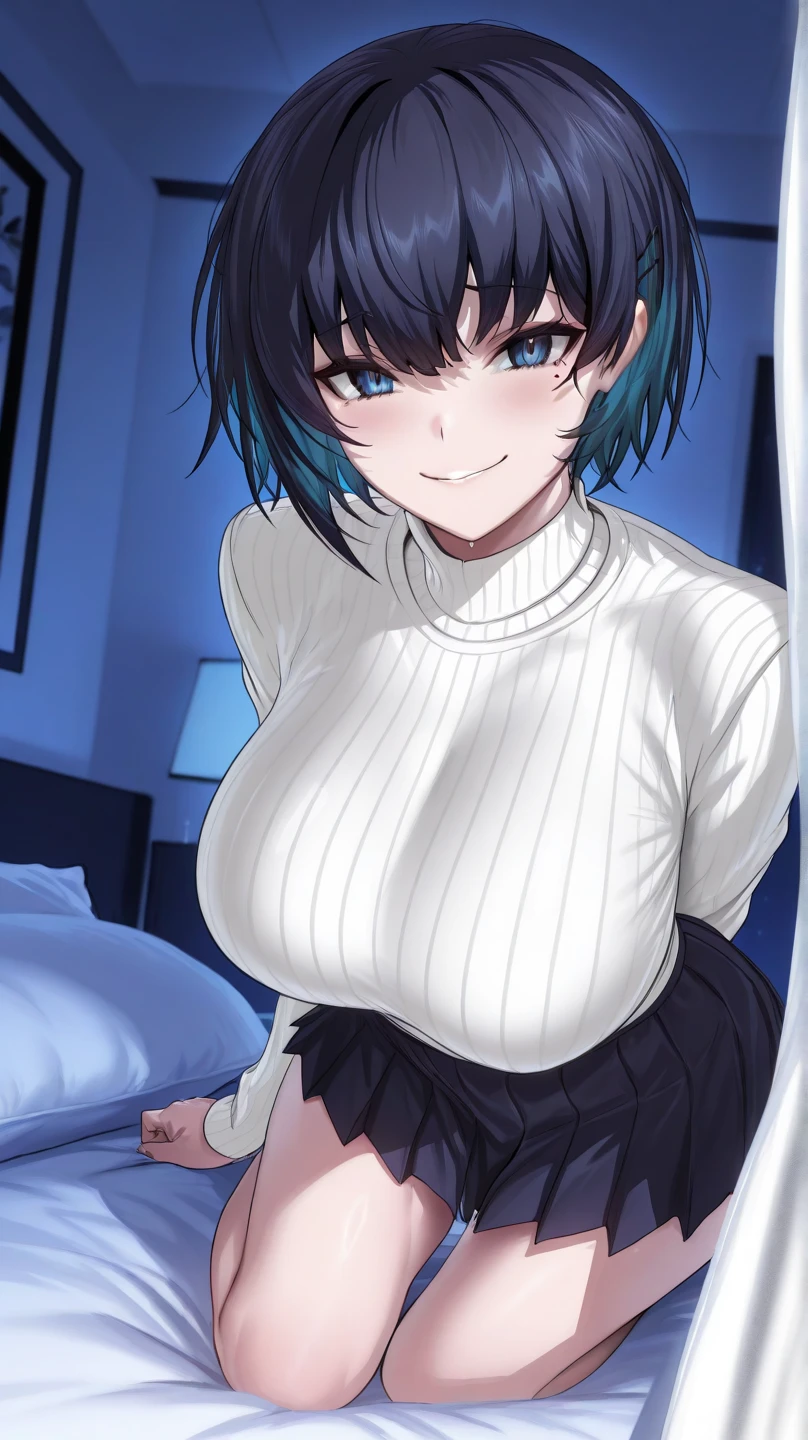 Main Works、high quality、High resolution、1 Girl,single, Ruka Sarashina、jewelry、Black Hairの女性、short hair、Black Hair、Black Pantyhose, blue eyes, Blue Hairband, bangs, Big Breasts, Cleavage, Medium Waist, Medium Hips, wide thighs, cowboy pictures, smile, charm, Embarrassing, blush、A large number of people々, Looking at the audience,From below、Low Angle,とてもBig Breasts、Cleavage、Very good、No pants、No pants、Nipples、Nipplesを出す、Nipplesからミルクが吹き出す、Nipplesからミルクが滴る,Browsing Caution, masterpiece, 1 Girl, Tracking Light, Nice, (((Sex))), Pussy, break POVHipGrabCowgirl, Heterosexual, vagina, Shocked, (penis), 1 boy, Sex, break perfect face, Expressive eyes, Red eyes, Embarrassing, Sensual, cute、Completely naked、break、（（Cowgirl））,Bedroom、（（Sex））、On the bed、Shake your hips