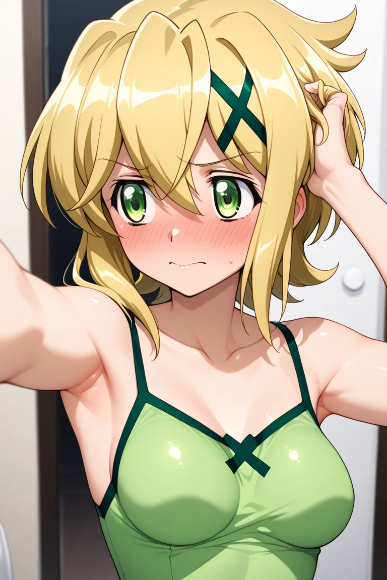 surprised, surprised arms, green transparent background, clothing transforming into droplets of light, ((((lightgreen glowing body, glowing bodyskin, glowing nude, glowing nude_only)))), flying in the center, ((masterpiece, best quality)), 1girl, topless, solo, teenager, blonde hair, short hair, long bangs, large breasts, full breasts, highest details, luminous eyes,