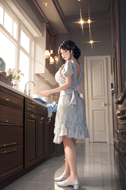Highest Resolution,Highest quality,A crying beautiful girl in a nude apron drinking water from a plastic bottle,kitchen,Tears,Open your mouth and drool,whole body,front,Sweat profusely,Beautiful eyes,Lots of saliva,Black hair ponytail,
