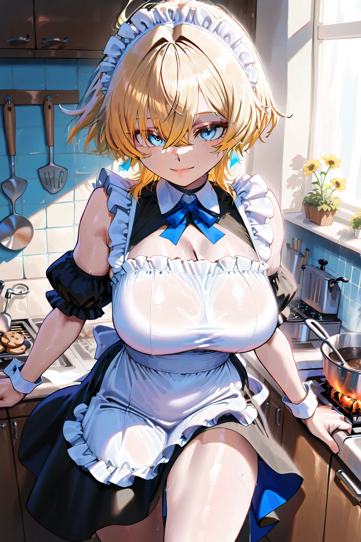score_9, score_8_up, score_7_up, score_6_up, black background,
BREAK
source_anime, ExpressiveH,souce_explicit,
BREAK
1girl, gyaru, blue eyes, blonde hair, short hair, huge breasts, smile, spoken heart,
maid, maid puffy sleeves, cropped top, navel, maid cuffs, frilled mini skirt, garter strap, thighhighs,
tall, leggy, glistened skin, oiled skin, shiny skin, heavy breathing, wide hips, tight waist, thick thighs,
standing,