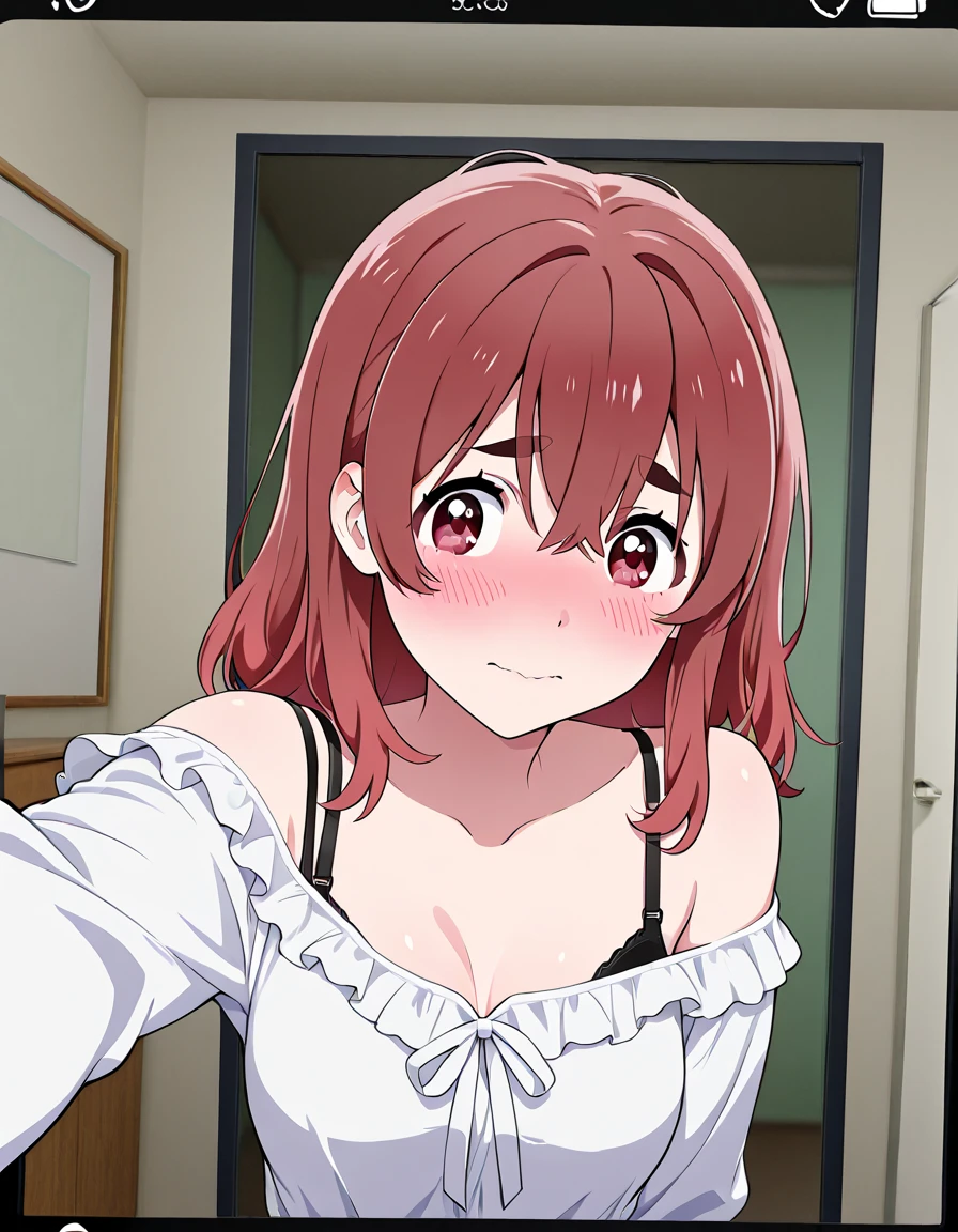 ((highest quality, High resolution, Perfect Pixel, 4k)), (1 girl), (Beautiful Anime Girls),
Watching the audience,
Perfect body,
yuigahama yui, short hair, (Big Breasts)、Brown eyes、Detailed eyes、
(blush), smile、Open your mouth small、
(White collared shirt)、(Sweat)、Cleavage、open shirt,
Selfie、Focus on the chest、
night、Bedroom、On the bed、dark、indirect lighting、