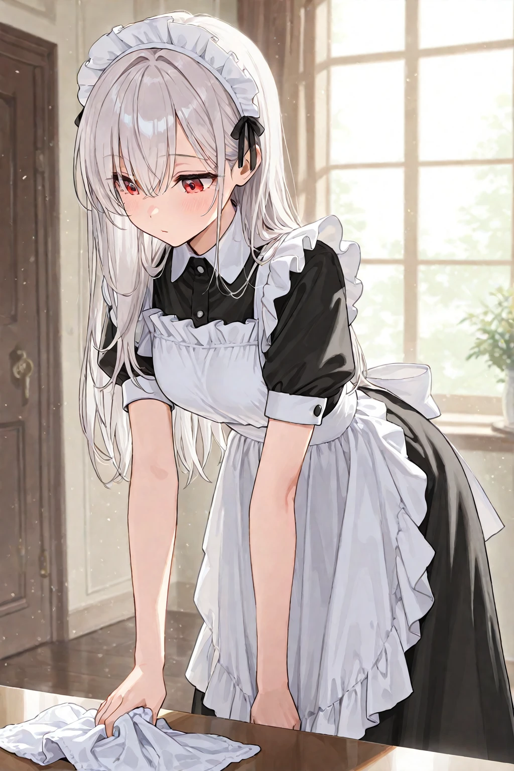 highest quality、masterpiece、((1 girl))、((smile))、(blush:1.4)、black shirt、blouse、((fun!!))、(small breasts)、(Cat ear:1.3)、(silver hair)、()、((white apron:1.5))、((maid))、((hair ornaments)),、Kamimei、look at me、 ((in house:1.5))、 Take a break to watch the audience、cowboy shot、(skirt lift:1.3),(highly detailed white panties:1.3)、(highly detailed panties:1.3)、、(スカート that rolls up:1.3)、(fully exposed panties:1.5)、light blue eyes、long hair