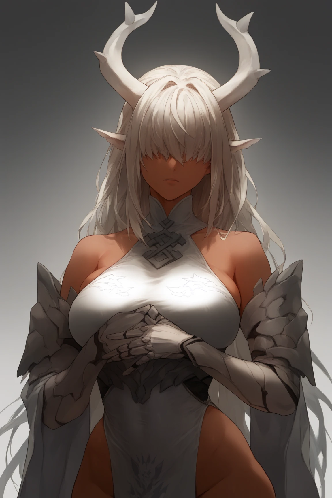 ((best quality)), ((masterpiece)), (detailed), 1 women dark knight armor, 8k_wallpaper, extremely detailed eyes, (large masterpiece digital art), (intricate details:1.3 ), (ultra-detailed:1.3), (sharp focus:1.3), (natural lighting:1.05), (vivid colors:1.3), (best quality:1.4), expressive eyes, full body, detailed face, beautiful face, perfect face, ((hair sandy white curls)), ((gold horns)), (gold eyes), {{dark skin}}, ({dark skinned female}), big breasts, huge chest, mid-range pelvis and big ass, cruel predatory and cold-blooded arrogant look and smile, an open red coat with rolled up sleeves, an open coat with rolled up sleeves, steel heavy knight armor through the fabric the clear outlines of large pointed nipples are visible, a wide orange belt lowered lower with large gold yarn, leather pants with steel thigh guards clear outline of pussy, leather gloves, steel gold bracers and shoulder pads, dark silver chain mail oversleeves, a medieval marching backpack, walking along the path against the backdrop of the elven ruins of the city and colorful blooming flowers,