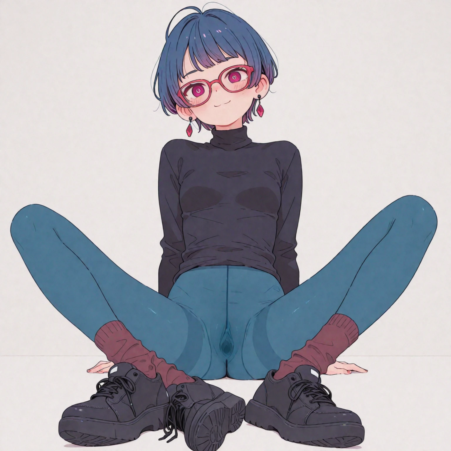 Sarada Uchiha with short hair, black eyes, goth clothes, wearing prescription glasses. She is wearing nothing, (((nude))), (((naked))), (((nsfw))), she is in a livingroom. Siting on couch with legs open showing pussy, pussy Expose.((( black and white Stripe thigh pantihose))))