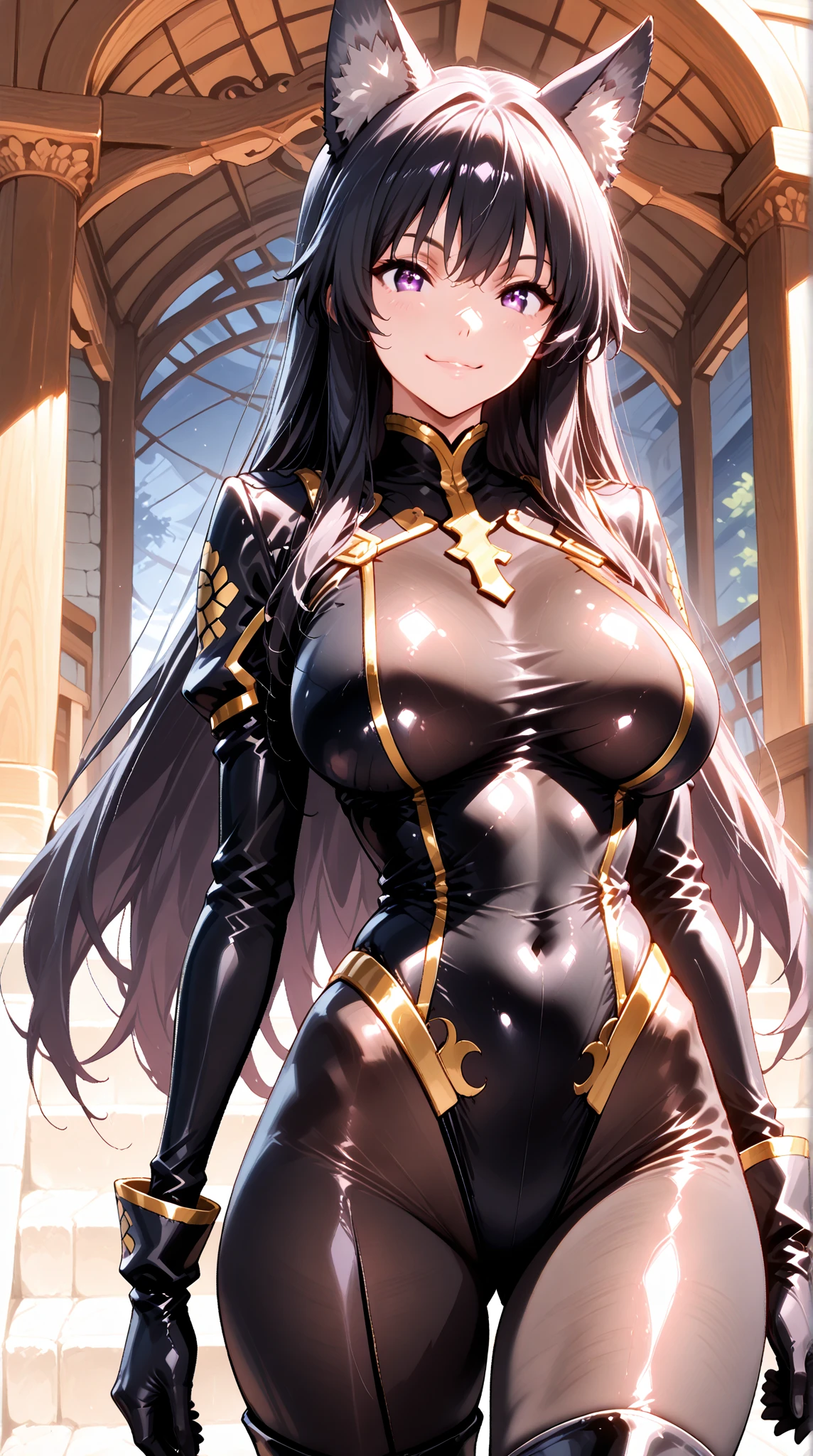 (masterpiece:1.4),(best quality:1.4, highres), beautiful face, beautiful eyes, 1girl, solo, female mature, black hair, long hair, (yellow eyes:1.4), large breasts, black bodysuit latex, ((stand on top of power pole, midnight, moonlight shining the character, glowing eyes)), hair intakes, exquisite eyes detail, exquisite face details, exquisite character design details 8k HDR, professional art, landscape, (solo:1.5, 1girl:1.4, cowboy shot:1.5), milf, 35 years old girl, (looking at viewer, smug), Annerose